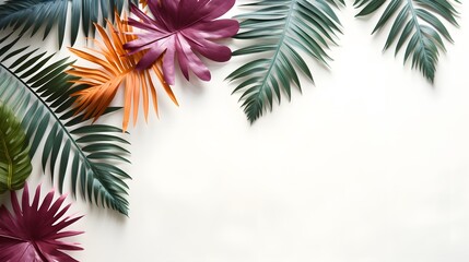 Creative layout made of colorful tropical leaves on white background. Minimal summer exotic concept with copy space. Border arrangement. AI generative