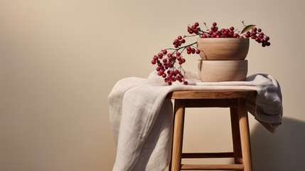 red berries in vase on retro table minimalist background