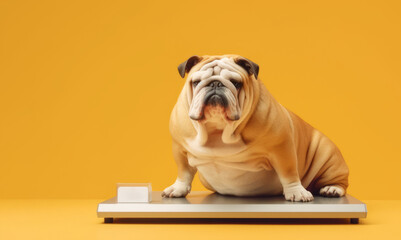 Animal health concept. Lovely size+  bulldog on weigh scales.  Copy space for text. AI generated image. 