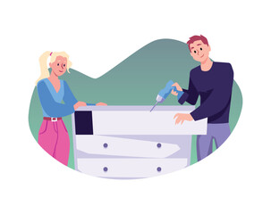 Couple assembling dresser together, flat vector illustration isolated on white background.