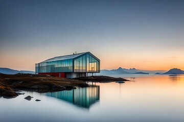 house in greenland with lake and mountains in background - obrazy, fototapety, plakaty