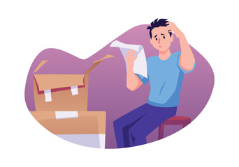 Man sitting on chair and confused by furniture assembly manual, large boxes vector cartoon isolated illustration