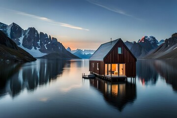 lake and house in the mountains - obrazy, fototapety, plakaty