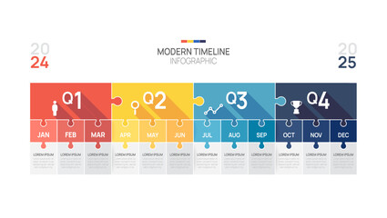 Plakat Business road map timeline infographic jigsaw template. Modern milestone element timeline diagram calendar and 4 quarter topics, Can be used for vector infographic
