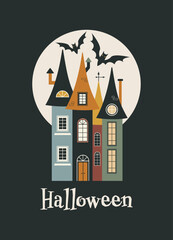 Halloween greeting card. Happy Halloween party vector illustration. Gloomy castle and bats on a black background. Design for flyer, banner, poster templates.