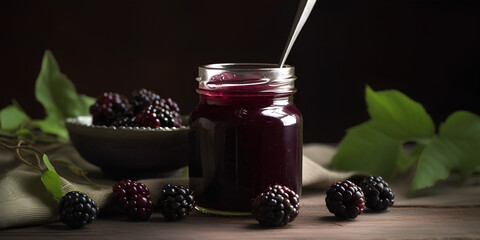 Homemade blackberry preserves or jam in a glass jar surrounded by fresh berries