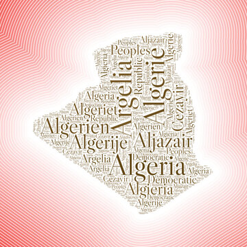 Algeria shape formed by country name in multiple languages. Algeria border on stylish striped gradient background. Vibrant poster. Amazing vector illustration.