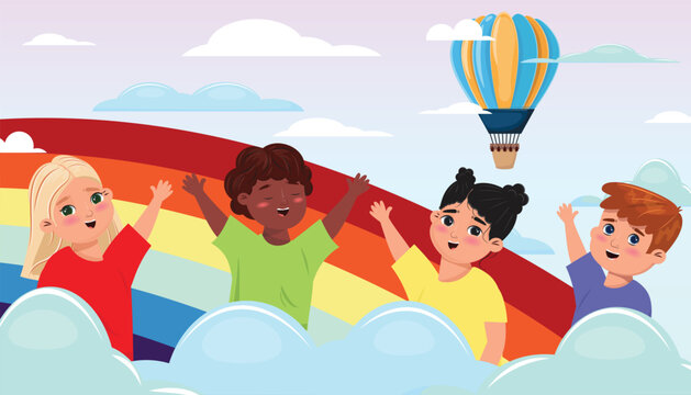 Happy group of diverse children greeting behind the clouds. Friendship, school, kindergarten, children day, birthday party concept. Colourful cartoon characters. 