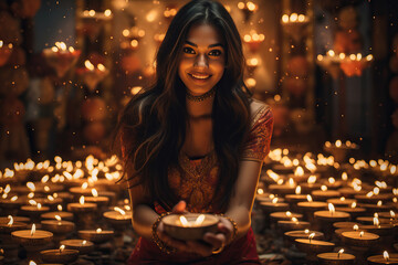 Women celebrate Diwali with lamps lit in the background. AI Generated.