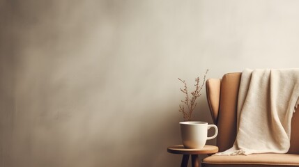 A cup of coffee with on the table against a light wall minimalistic background