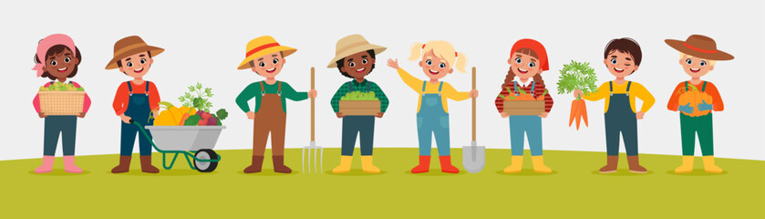 Happy Kids Harvesting Fruits and Vegetables. Farming Children. Summer or Autumn time. Flat Vector illustration
