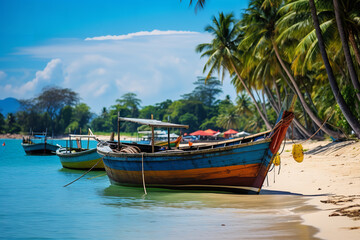 Naklejka na ściany i meble A tranquil row of colorful fishing boats on a Thai beach.