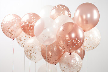 balloons in rose gold and pink balloon bouquets, in the style of confetti-like dots, light beige and light amber, subtle coloring, light white and light beige, 