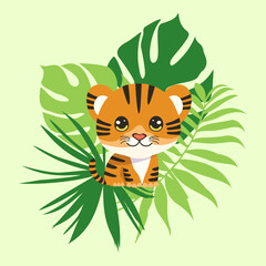 cute tiger cartoon with tropical leaves