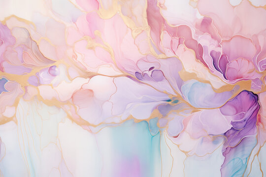alcohol ink abstrack painting pattern using baby pink, seafoam and lavendar with minimal gold accents
