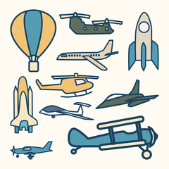 Set of Aircraft Cute Flat Line Illustration