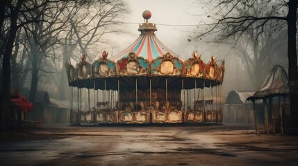 Creepy abandoned carnival with vintage carousel. cool wallpaper	 - obrazy, fototapety, plakaty
