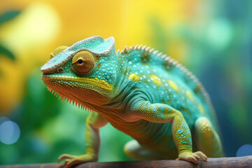 Fototapeta premium Close-up photo of green chameleon And various colors of nature . AI generated.