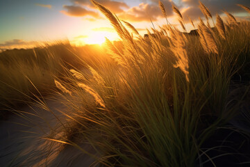 background of ripening ears of meadow wheat field. Generative ai
