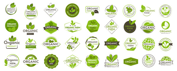 Set of Organic product logo. Food stamps, badges and emblems with leaves - obrazy, fototapety, plakaty