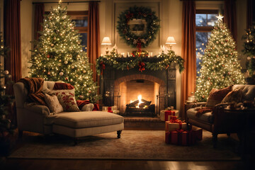 Fototapeta na wymiar Christmas Celebration with Christmas Treesin House Night Time indoor view without people