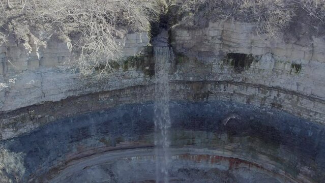 Close up drone shot of Valaste waterfall in Estonia Ida-virumaa