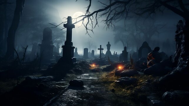 Spooky graveyard adorned with mist and moonlight
