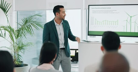 Presentation, renewable energy and engineering with business people in meeting for planning, sustainability and environment. Technology, research and windmill with employees in office for workshop - Powered by Adobe