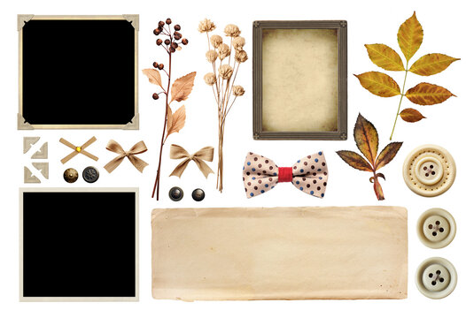 Collection of vintage elements for scrapbooking. Nostalgic set of retro photo, linen bows, dry pressed flower and leaf, buttons, paper corners for album. Isolated on white background