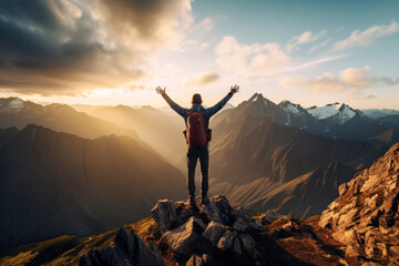 backpacker with his arms up on the mountain top