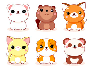 Set of cute little cartoon animals in kawaii style. Collection of lovely animal baby. Funny dog, cat, panda, beaver, fox, polar bear. Vector illustration EPS8