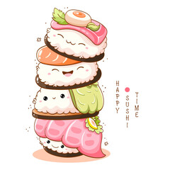 Stack of cute sushi and rolls in kawaii style with smiling faces. Japanese traditional cuisine dishes. Can be used for t-shirt print, sticker, greeting card, menu design. Vector illustration EPS8  