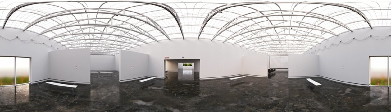 360 panoramic render of the exhibition space.