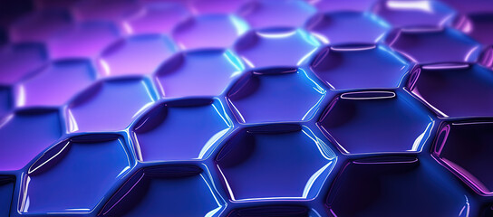 Shiny hexagonal tiles in futuristic purple and blue shades, ideal for backgrounds, digital art, and design concepts. The reflective surface adds depth and texture.