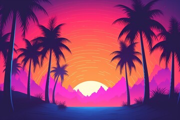 Fototapeta na wymiar Vector retro wave sunset in low poly style illustration. Retro 80s synthwave styled 3D landscape with perspective laser grid, palm trees and sun