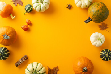 Harvest charm arrangement: Top view shot revealing pumpkins and pattipans, adorned with maple leaves, anise, cinnamon sticks. Physalis flowers embellish orange context, leaving space for text or ads