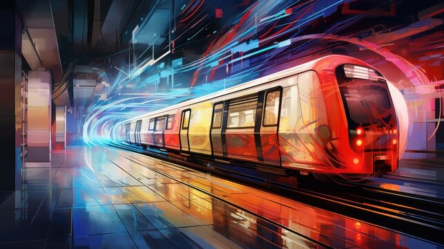 Light hurtling past a metro train in a sparkling light show, casting brilliant reflections onto the sleek metal surfaces, and turning the underground journey into a mesmerizing spectacle of radiance