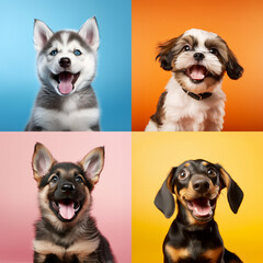 Portrait collection of adorable puppies on bright pastel studio backdrops
