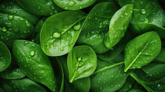 Green spinach leaves with waterdrops