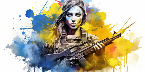  watercolor illustration of Brave military girl defending Ukraine from enemies