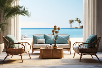 Wicker coffee table and chairs in a Caribbean composition. - obrazy, fototapety, plakaty