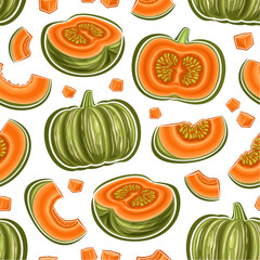 Vector Kabocha Seamless Pattern, repeat background with cut out illustrations of ripe whole and chopped green pumpkins for wrapping paper, square poster with group of flying flat lay raw kabocha parts