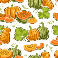 Vector Pumpkin Seamless Pattern, repeat background with illustrations of ripe pumpkin and kabocha still life compositions for wrapping paper, square poster with group of flying flat lay pumpkin parts