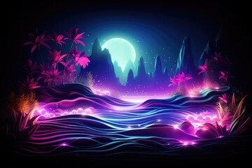 Neon wave with aquatic plants, presented in the style of outrun aesthetics, merges the vibrant colors of neon lights with the serenity of underwater flora, creating a visually striking - obrazy, fototapety, plakaty