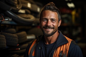 Obraz premium Portrait of a car mechanic, smiling yound adult man in orange black uniform stands in a warehouse