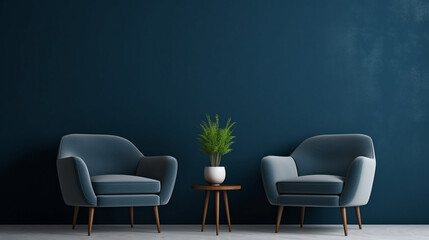 Dark room with accents. Blue navy armchairs. Trendy modern interior design mockup.