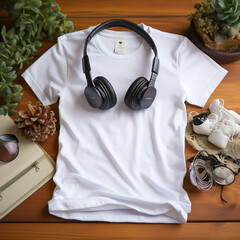 White cotton Tshirt mockup with flowers, and black headphones on wooden background. Design t shirt template, print presentation mock up. Top view flat lay.