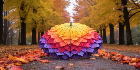 Multi color umbrella on the middle of walking road  of a park 