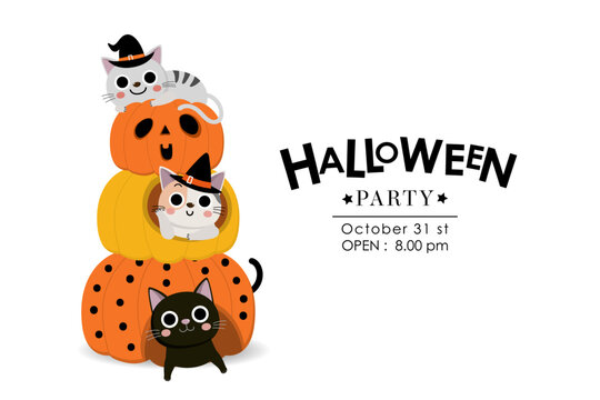 Happy halloween party invitation card with cute cat and sppoky pumpkin. Holidays cartoon character. -Vector