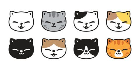 cat face vector kitten head icon calico smile neko pet laughing character cartoon symbol tattoo stamp scarf illustration isolated design - obrazy, fototapety, plakaty